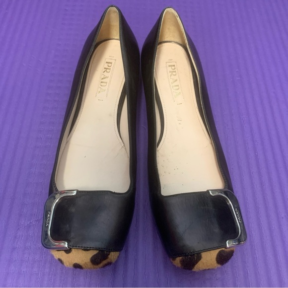 Prada black leather ballet flats buckle leopard 37.5 - Picture 3 of 8